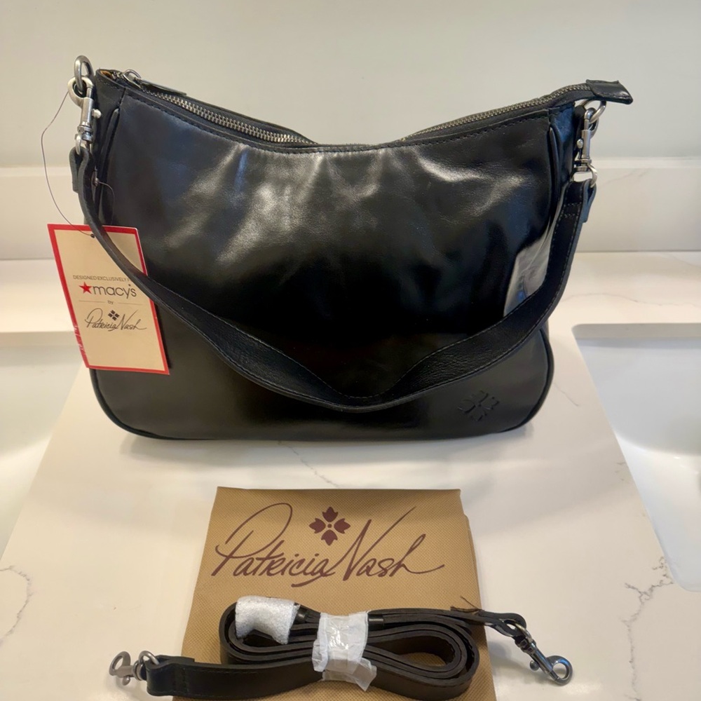 Patricia Nash Athani Black Leather  Shoulders Hobo Bag with crossbody strap NWTP
